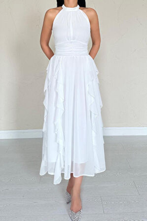Beyaz Önü Büzgülü Fırfırlı Elbise