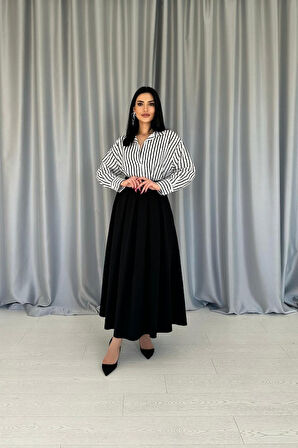 Siyah Uzun Pileli Etek