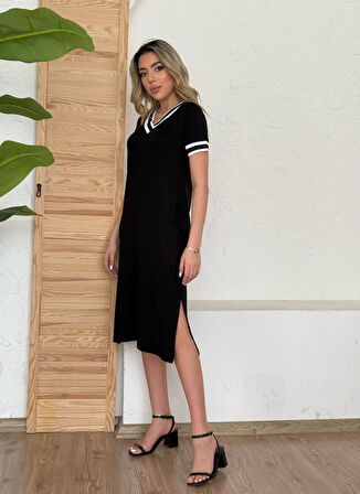 Kadın Kısa Kollu V Yaka Kol Ve Yaka Ribana Detay Midi Boy Viskon Elbise