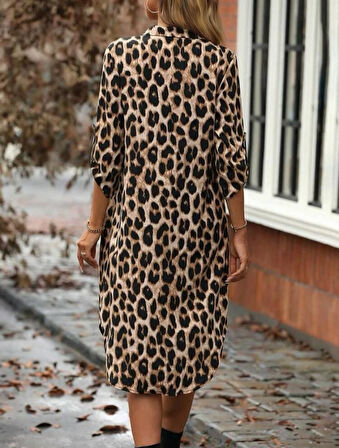 Kadın Leopar Desenli Cep Detay Kolu Manşetli Moskrep Gömlek Elbise