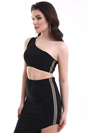 Kadın Tek Omuzlu Asimetrik Etek Şerit Detaylı Fırsat Ürün Sandy Kumaş İkili Takım
