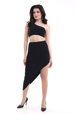 Kadın Tek Omuzlu Asimetrik Etek Şerit Detaylı Fırsat Ürün Sandy Kumaş İkili Takım