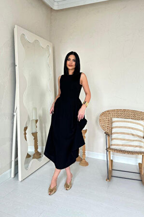 Siyah Yanları Büzgülü Midi Boy Keten Elbise