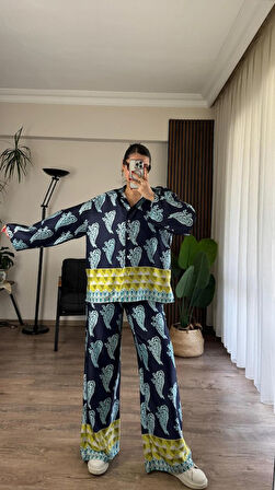 Desenli Saten Bol Takım - İndigo