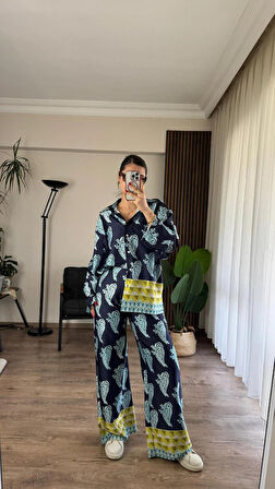 Desenli Saten Bol Takım - İndigo