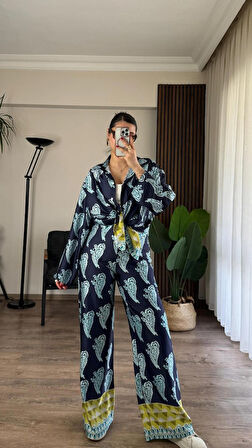 Desenli Saten Bol Takım - İndigo