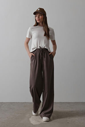 Beli Lastikli Bol Paça Pantolon - Kahve