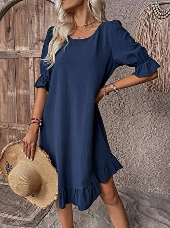 Kadın Kısa Kollu Kol Ve Eteği Volanlı Bisiklet Yaka Aerobin Elbise