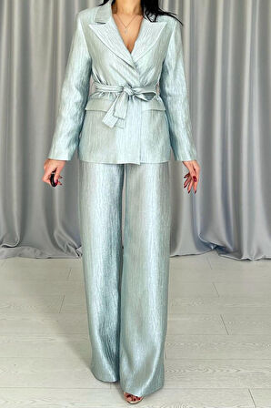 Mint Beli Kuşaklı Ceket Ve Pantolon Parlak Takım