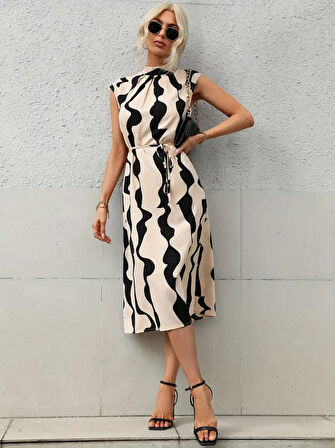 Kadın Balıkçı Yaka Arkadan Bağlamalı Kuşaklı Midi Boy Jessica Elbise