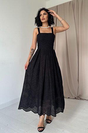 Siyah Askılı Aparatlı Brode Elbise