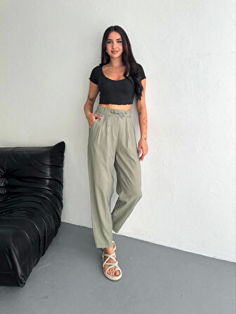 Yüksel Bel Rahat Paça Pantalon - Su Yeşili