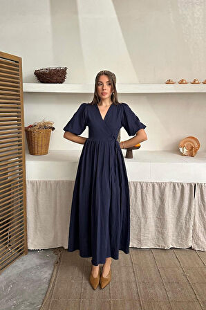 Lacivert Müslin Uzun Elbise