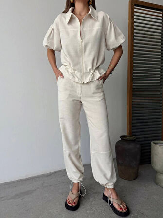 Keten Tam Fermuarlı Kısa Kollu Gömlek Pantolon Ikili Takım - Beyaz