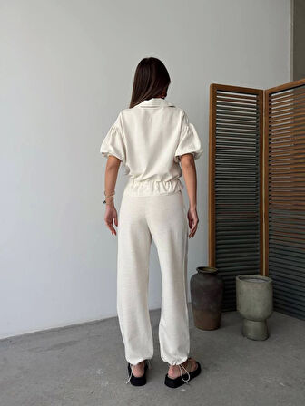 Keten Tam Fermuarlı Kısa Kollu Gömlek Pantolon Ikili Takım - Beyaz