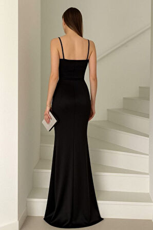 Kadın Dalgıç Kumaş V Yaka Yırtmaç Detaylı Maxi Boy Elbise