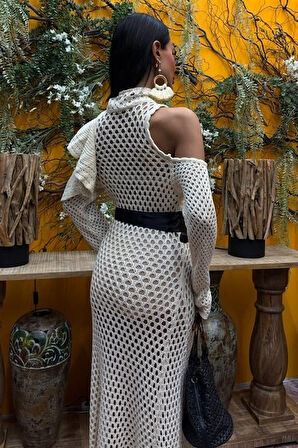 Saten Kuşaklı Ajurlu Triko Elbise 2847