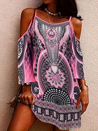 Kadın Askılı Omuzlardan Açık Truvakar Kol Desenli Kısa Süprem Elbise