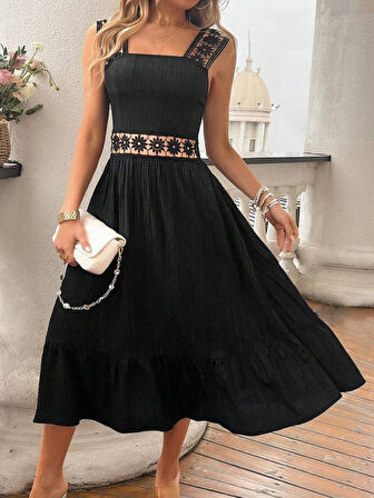 Kadın Askılı Ve Beli Dantel Detaylı Fırfırlı Uzun Bürümcük Elbise