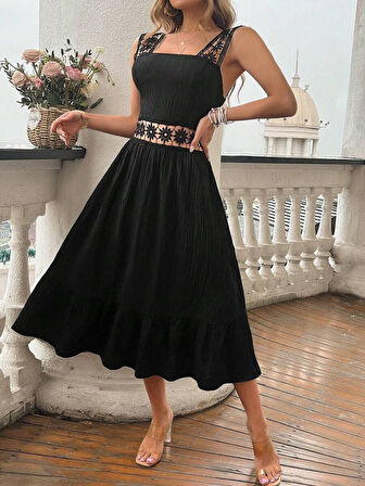 Kadın Askılı Ve Beli Dantel Detaylı Fırfırlı Uzun Bürümcük Elbise