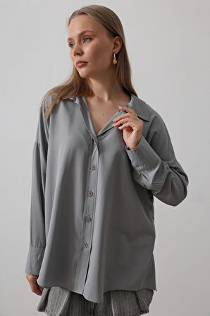 Geniş Manşet Detaylı Gömlek - Gri