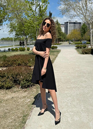 Kadın Kısa Kollu Madonna Yaka önü Kısa Arkası Uzun Ithal Krep Elbise