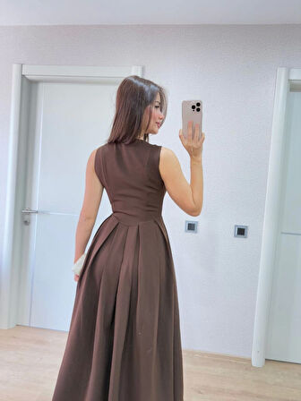 V Yaka Uzun Kolsuz Elbise- Kahverengi