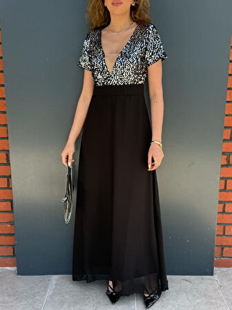 Kadın Kısa Kollu Derin V Yakalı A Kesim Pulpayet Detaylı şifon Nedime Elbisesi