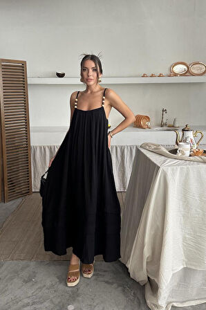 Siyah Askılı Müslin Elbise