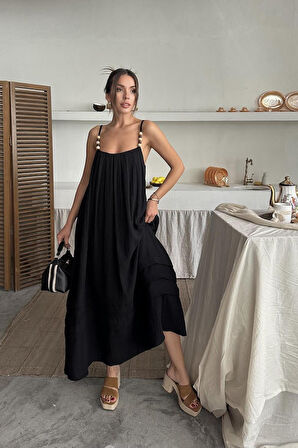Siyah Askılı Müslin Elbise