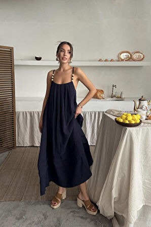 Lacivert Askılı Müslin Elbise
