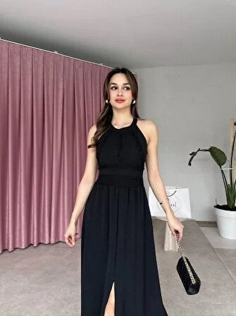 Kadın Krinkil Kumaş Beli Gipeli Halter Yaka Maxi Boy Elbise