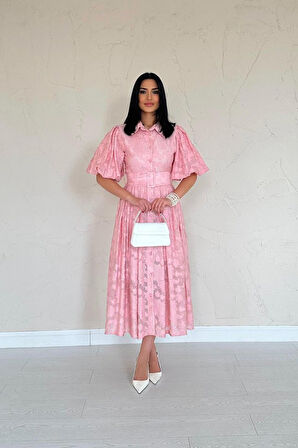 Pembe Kemerli Balon Kollu Elbise