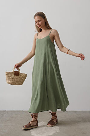 Askılı Uzun Çan Elbise - Haki