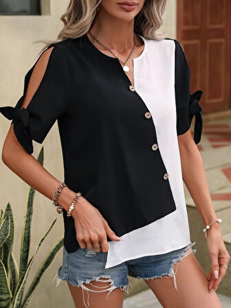 Kadın Kısa Kollu Kollardan Bağlamalı önden Asimetrik Kesim çift Renk Detaylı Düğmeli Ithal Krep Bluz