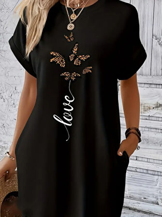 Kadın Kısa Kollu Bisiklet Yaka Cepli Kelebek Baskılı Viskon Elbise