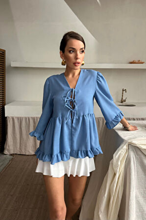 KETEN BLUZ ÖNDEN BAĞLAMALI FIRFIR DETAYLI - Mavi