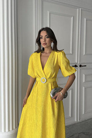 Sarı Işıltılı Kemerli Kruvaze Elbise