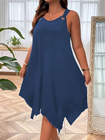 Kadın Askılı Yuvarlak Yaka Kuş Gözü Detaylı Asimetrik Viskon Elbise