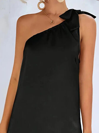 Kadın Tek Omuzdan Askılı Kurdela Detaylı Yırtmaçlı Uzun Janjan Krep Elbise