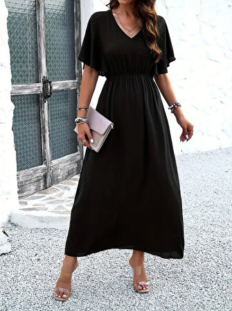 Kadın Kısa Kollu V Yakalı Beli Lastikli Uzun Viskon Elbise