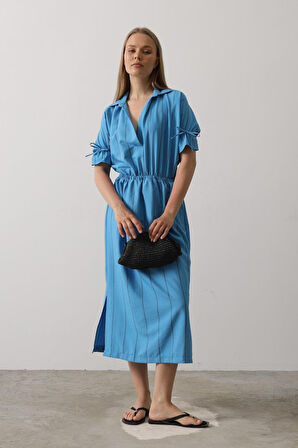 Beli Lastikli Elbise - Mavi