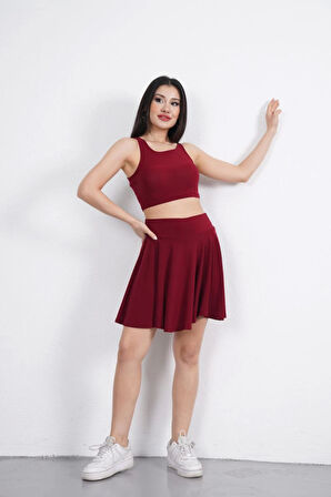 Sendy Kumaş Bisiklet Yaka Crop Şortlu Etek Ikili Takım - Bordo