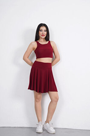 Sendy Kumaş Bisiklet Yaka Crop Şortlu Etek Ikili Takım - Bordo