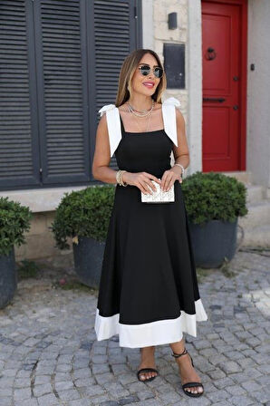 Kadın Omuzlardan Kurdela Askılı çift Renkli Kiloş Ithal Krep Elbise