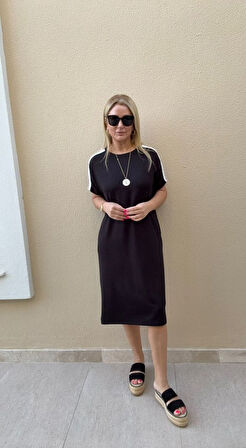 Kadın Kısa Kollu şerit Detay Midi Boy Elbise