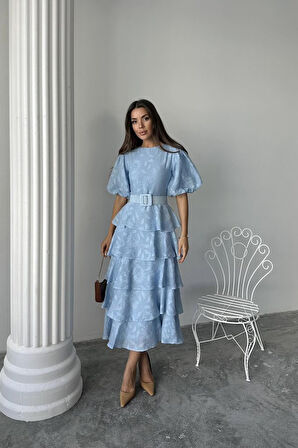 Bebe Mavi Kat Kat Balon Kollu Kemerli Elbise