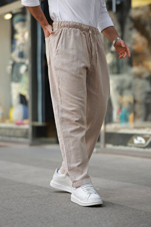 Erkek Beli Lastikli Keten Rahat Pantolon