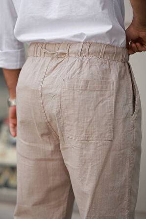 Erkek Beli Lastikli Keten Rahat Pantolon