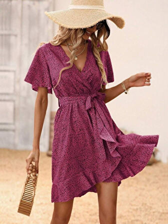 Kadın Kısa Kelebek Kollu Kruvaze Yakalı Belden Kuşaklı Kısa Desenli Süprem Elbise